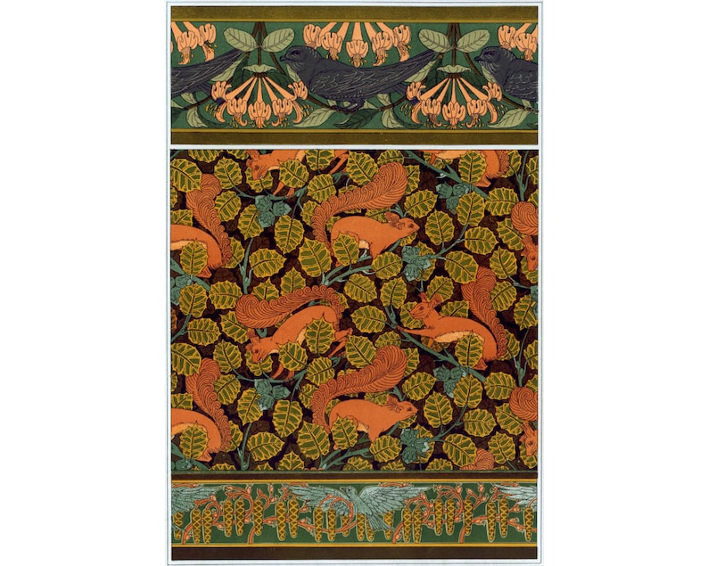 May include: A vintage illustration of a repeating pattern featuring orange squirrels climbing on green and brown leaves. The top and bottom borders feature black birds and pink flowers.