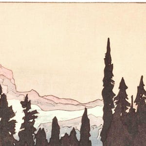 May include: A landscape print featuring a mountain range and silhouetted trees. The artwork uses a muted color palette of pink, blue, and brown against a cream-colored sky. The trees are in the foreground, with the mountains in the distance.