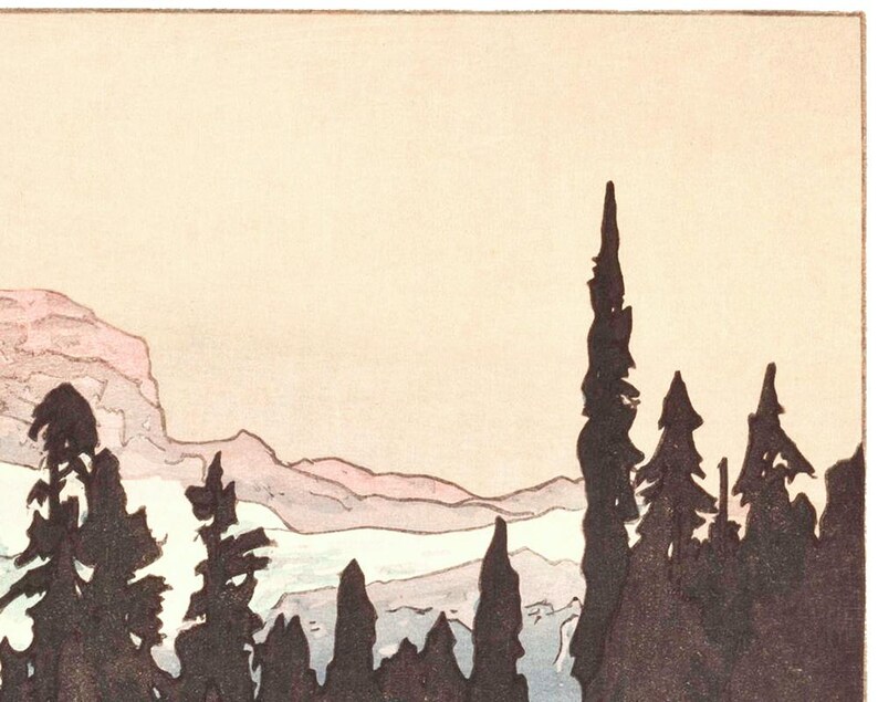 May include: A landscape print featuring a mountain range and silhouetted trees. The artwork uses a muted color palette of pink, blue, and brown against a cream-colored sky. The trees are in the foreground, with the mountains in the distance.