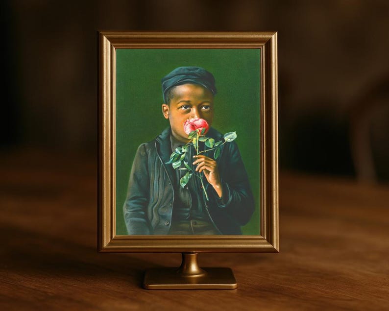 African American boy fine art print, Child smelling a rose, Black child portrait, People of color, Antique oil painting, Vintage wall art Bild 10