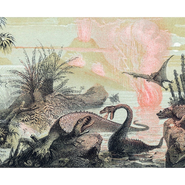 The Primitive World, Adolphe François Pannemaker, 19th century dinosaur painting, Paleoart, Paleo illustration, Prehistoric animals wall art