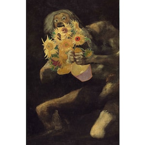 Saturn Devouring Van Gogh's Sunflowers, Collage art print, Art History, Famous paintings, Goya, Satire, Parody, Strange wall art, Absurd art