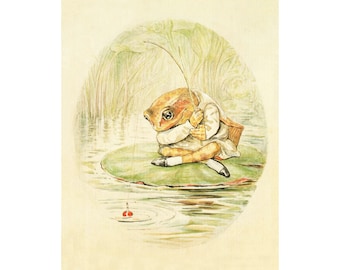 Vintage frog art print, Beatrix Potter illustration, Jeremy Fisher fishing, Storybook wall art, Antique nursery decor, Children's book art