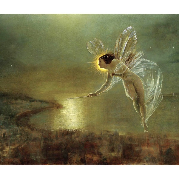 Spirit of the Night, Fairy painting, John Atkinson Grimshaw art print, Magical wall art, Antique woman, Nature goddess, 19th century