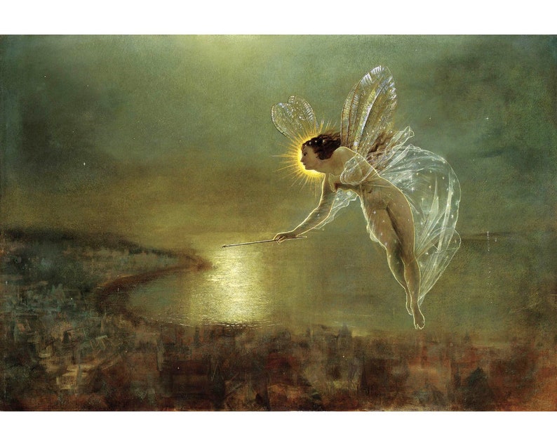 Spirit of the Night, Fairy painting, John Atkinson Grimshaw art print, Magical wall art, Antique woman, Nature goddess, 19th century image 1