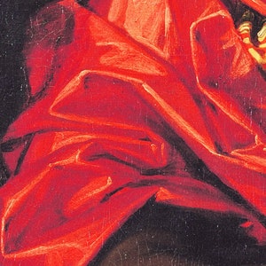 May include: Close-up of a red fabric with folds and wrinkles. The fabric is a deep red color and has a textured surface. The fabric is lit from the left, creating highlights and shadows.