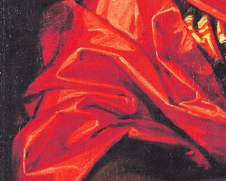 May include: Close-up of a red fabric with folds and wrinkles. The fabric is a deep red color and has a textured surface. The fabric is lit from the left, creating highlights and shadows.