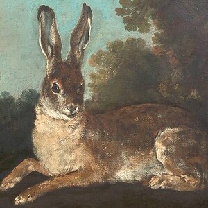 May include: A painting of a brown rabbit with long ears lying down in a forest setting. The rabbit is facing the viewer with its head slightly tilted. The background is a blurry green and blue landscape.