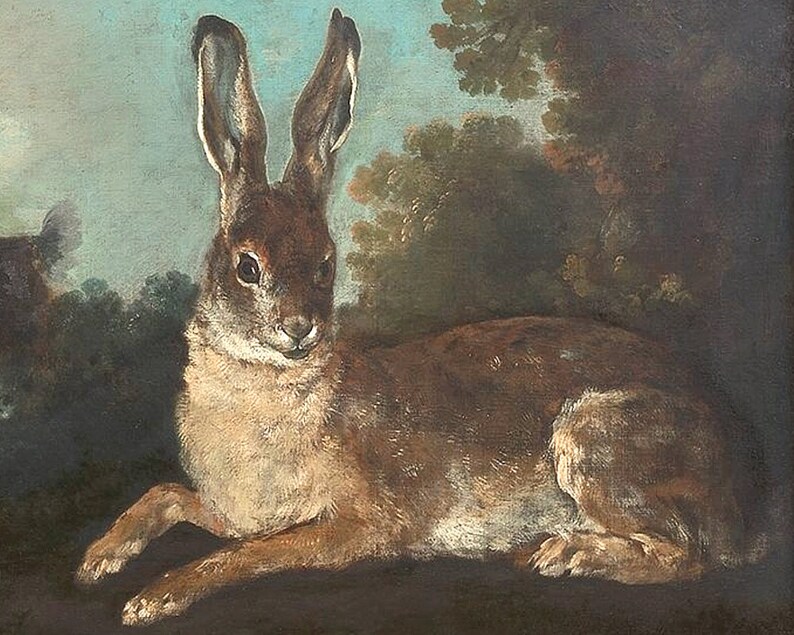May include: A painting of a brown rabbit with long ears lying down in a forest setting. The rabbit is facing the viewer with its head slightly tilted. The background is a blurry green and blue landscape.