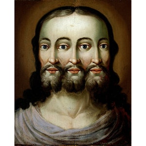 Three faced Jesus art print, Trifacial Trinity, Triple Jesus Christ, Kitsch Jesus painting, Spooky, Creepy, Strange, Antique religious icon
