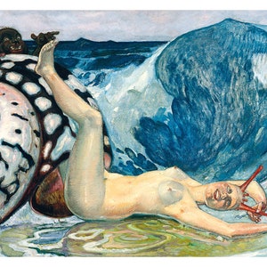 以下が含まれることがあります： 大きな貝殻の上に横たわる裸の女性を描いた絵画。女性は赤い角を持ち、空を見上げている。小さな猿が貝殻の上に座っている。背景は青い海と大きな波である。