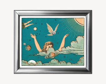 Lucy in the Sky, Psychedelic art print, Surreal collage, Trippy wall art, Vintage, Cosmos, Space, Planets, Moon, Stars, Sun, Celestial