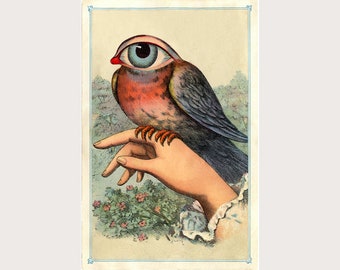 Strange Bird, Collage art print, Vintage eye, Victorian hand, Surreal animal wall art, Eyeball, Dada, Weird, Psychedelic, Magical creature