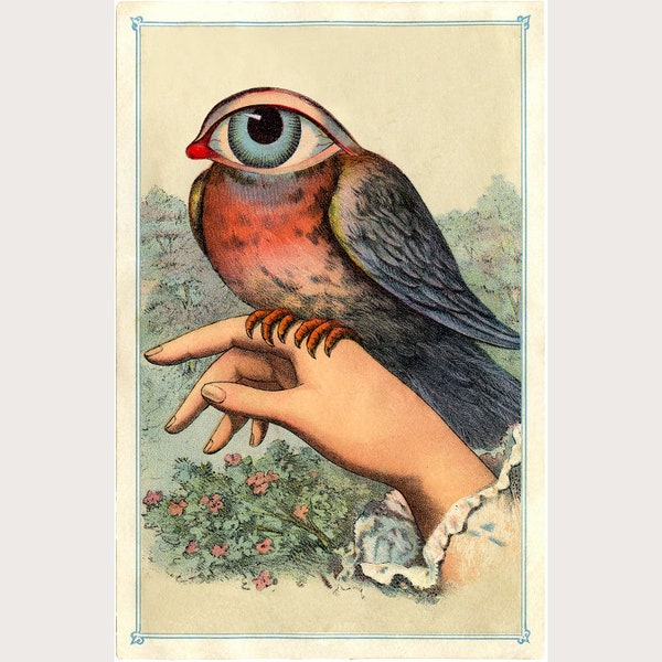 Strange Bird, Collage art print, Vintage eye, Victorian hand, Surreal animal wall art, Eyeball, Dada, Weird, Psychedelic, Magical creature