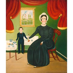 Antique American folk art reproduction, Folk art portrait painting, Primitive early American, Americana, Naive art, Mother and son, 1800s