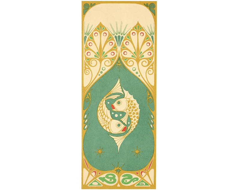 Puede incluir: Una ilustraci&oacute;n vintage de dos peces estilizados nadando en c&iacute;rculo sobre un fondo verde azulado. Los peces son blancos con detalles rojos y est&aacute;n rodeados por un borde decorativo dorado y verde.