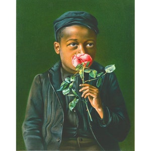 African American boy fine art print, Child smelling a rose, Black child portrait, People of color, Antique oil painting, Vintage wall art