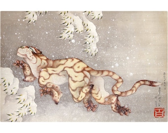 Impression d'art peinture tigre japonais, Katsushika Hokusai, tigre heureux dans la neige, art animalier asiatique antique, art mural animalier vintage, gros chat