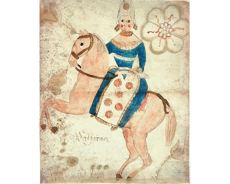 Folk art fraktur print, Early American primitive painting, Antique shabby chic art, Woman, Pink horse, 18th century, Americana, Animal art image 2