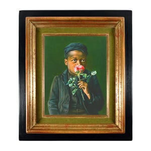 African American boy fine art print, Child smelling a rose, Black child portrait, People of color, Antique oil painting, Vintage wall art Bild 9
