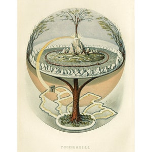 Yggdrasil tree art print, Norse mythology, The World Tree, Antique mythical painting, Vintage tree of life art, Shamanic art, Sacred tree