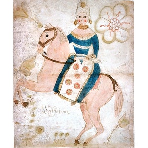 Folk art fraktur print, Early American primitive painting, Antique shabby chic art, Woman, Pink horse, 18th century, Americana, Animal art