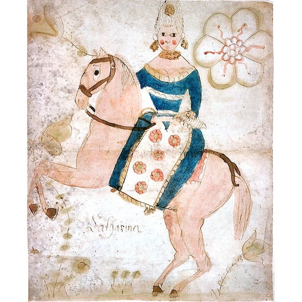 Folk art fraktur print, Early American primitive painting, Antique shabby chic art, Woman, Pink horse, 18th century, Americana, Animal art