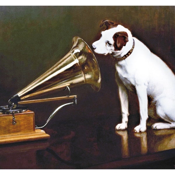 His Master's Voice print, Jack Russell terrier, Francis Barraud, Victor Gramophone, Nipper, Kitsch dog wall art, Classic dog oil painting