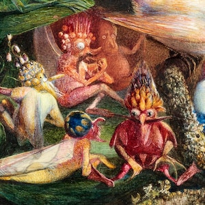 May include: A whimsical illustration of fantastical creatures with colorful wings and intricate details. The creatures are depicted in a forest setting with lush greenery and a bright light shining through the trees.