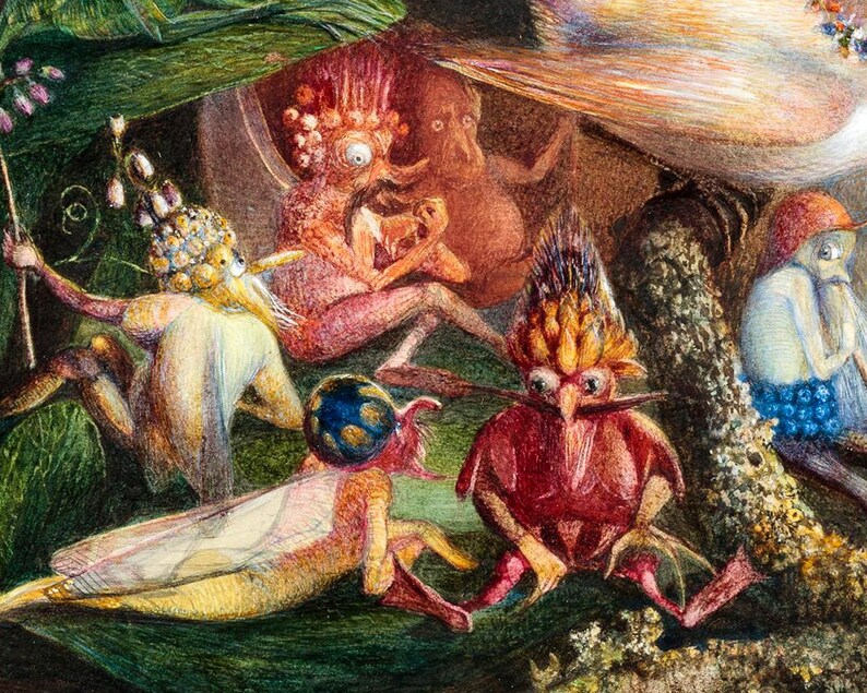 May include: A whimsical illustration of fantastical creatures with colorful wings and intricate details. The creatures are depicted in a forest setting with lush greenery and a bright light shining through the trees.