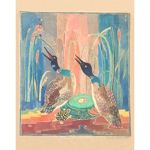 May include: A colorful woodblock print depicting two loons with a turtle and a bird in a marsh setting. The loons are facing each other with their beaks open. The print is signed "Mary L.  Smith 1928".