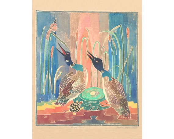 Vintage Loon art print, Loons painting, Colorful nature art, Waterfowl wall art, Lake cabin decor, Northwoods art, Northern wildlife, Birds