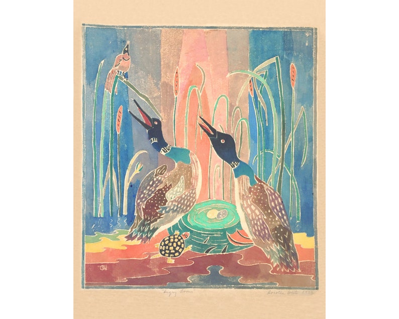 Vintage Loon art print, Loons painting, Colorful nature art, Waterfowl wall art, Lake cabin decor, Northwoods art, Northern wildlife, Birds image 1