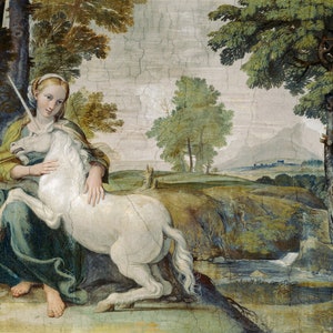 The Maiden and the Unicorn antique fresco painting, Lady and unicorn art print, Domenichino, Renaissance wall art, Mythology, Allegorical
