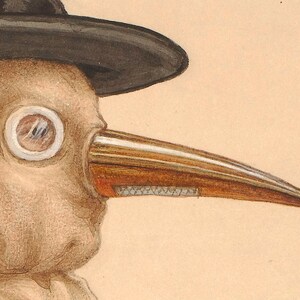 Pu&ograve; includere: Primo piano di una maschera di medico della peste con un lungo becco marrone e un pezzo oculare rotondo e bianco. La maschera &egrave; realizzata in pelle e ha una superficie marrone testurizzata.