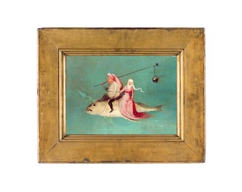 Hieronymus Bosch painting detail art print, Man and Woman Riding Fish, Medieval flying fish, Weird Renaissance wall art, Surreal gothic art