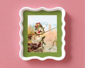Vintage lady frog art print, Smoking cigar and fishing, Antique Victorian, Funny animal wall art, Anthropomorphic, Kitsch, Frog painting