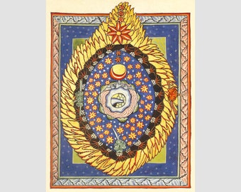 May include: A colorful illustration of a circular design with a central eye surrounded by a ring of stars and a crescent moon. The design is framed by a yellow, orange, and red border.