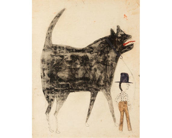 Bill Traylor Drawing, Man With Large Dog Art Print, American Folk
