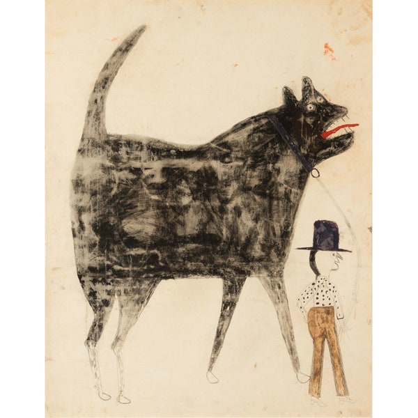 Bill Traylor drawing, Man with Large Dog art print, American folk art painting, Outsider wall art, Self-taught artist, Vintage animal art