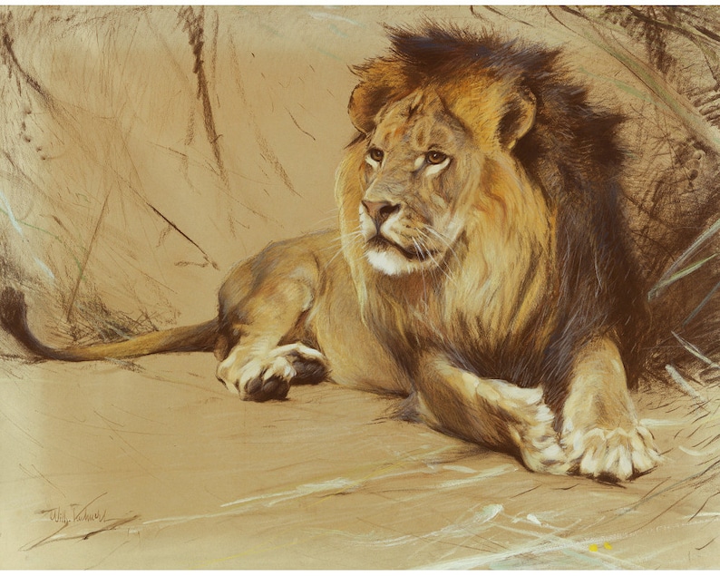 May include: A painting of a large, male lion with a thick, dark mane. The lion is lying down on a tan background, looking to the right. The lion's fur is a mix of brown and gold, with a black mane.