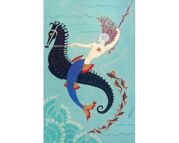 Art Deco mermaid art print, Seahorse painting, Water by Erte print, Bathroom art print, Ocean decor, Underwater art, Blue bathroom wall art