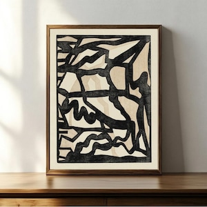 Abstract Woodcut art print, Black and Cream abstract painting, Dutch Graphic Modernist wall art, Jacoba van Heemskerck