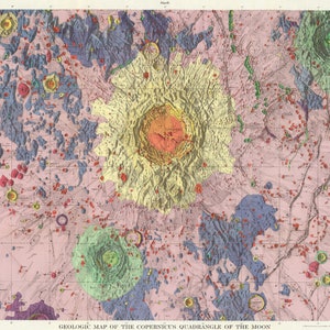 impression d'art vintage de la carte de la lune, carte topographique colorée de la surface lunaire, cratères, art mural céleste rétro, rose, espace, cosmique