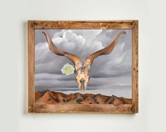 Georgia O'Keeffe art print, Ram's Head with White Hollyhock and Little Hills painting, Southwest, Animal skull, Flowers, Desert wall art
