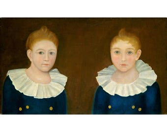 Folk art brothers art print, Two boys painting, American folk child portrait, Children, Early American oil painting, Americana, 19th century