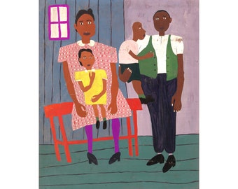 African American family portrait, Black folk art painting, William H Johnson art print, Primitive Americana wall art, Harlem Renaissance art