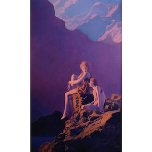 May include: Two figures sit on a rocky cliff overlooking a purple and blue landscape. The woman on the left is wearing a brown and white garment, while the woman on the right is wearing a white garment. The sky is a vibrant purple and blue, with a hint of pink.