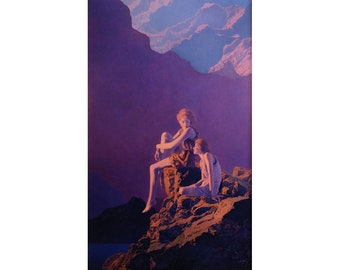 Maxfield Parrish Contentment print, Art nouveau women, Two girls, Mountain landscape, Wilderness wall art, Purple, People, Nature, Symbolism