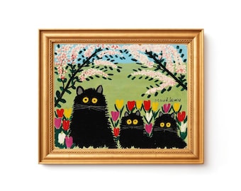 Tres gatos negros, lámina de Maud Lewis, pintura de arte popular canadiense, artista marginal, animales primitivos e ingenuos, mediados de siglo, gatitos extraños